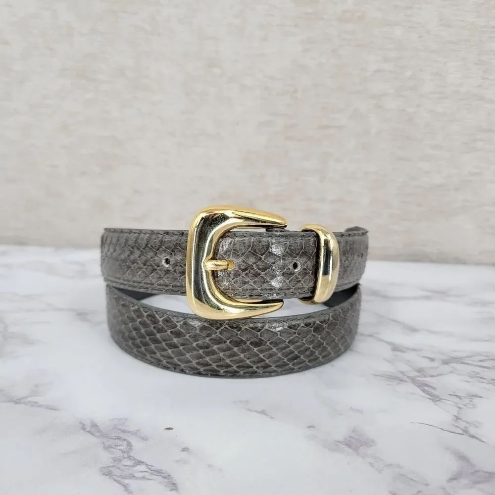 Vintage 80s Gray Genuine Snakeskin Leather Belt with Gold Tone Buckle